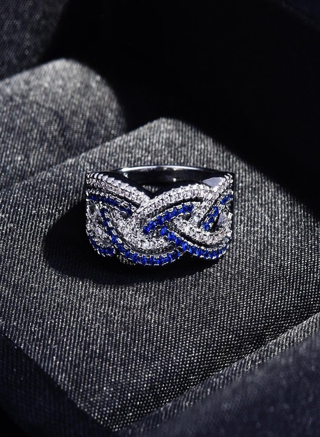 AZQ 925 Sterling Silver Shiny Full Diamond Ring 18K Gold Sapphire Cocktail Ring Blue Cubic Zirconia Promise Rings CZ Diamond Multi Row Ring Eternity Engagement Wedding Band Ring for Women Z.5 (US Code 9) - Image 3